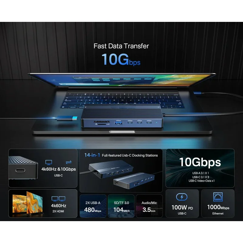 14-in-1 USB C Hub Docking Station 100W PD 4K60Hz HDMI 10Gbps Ports Gigabit Ethernet, SD/TF Card Reader for MacBook/Laptop