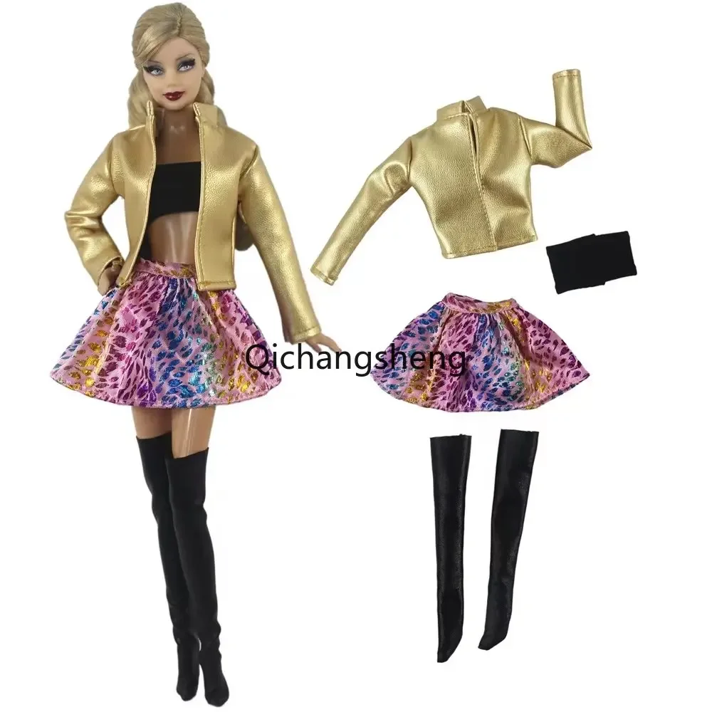 1/6 BJD Dolls Accessories Fashion Golden Clothes Set For Barbie Doll Outfits Leather Coat Jacket Tank Tops Skirt Boots Toy 11.5"