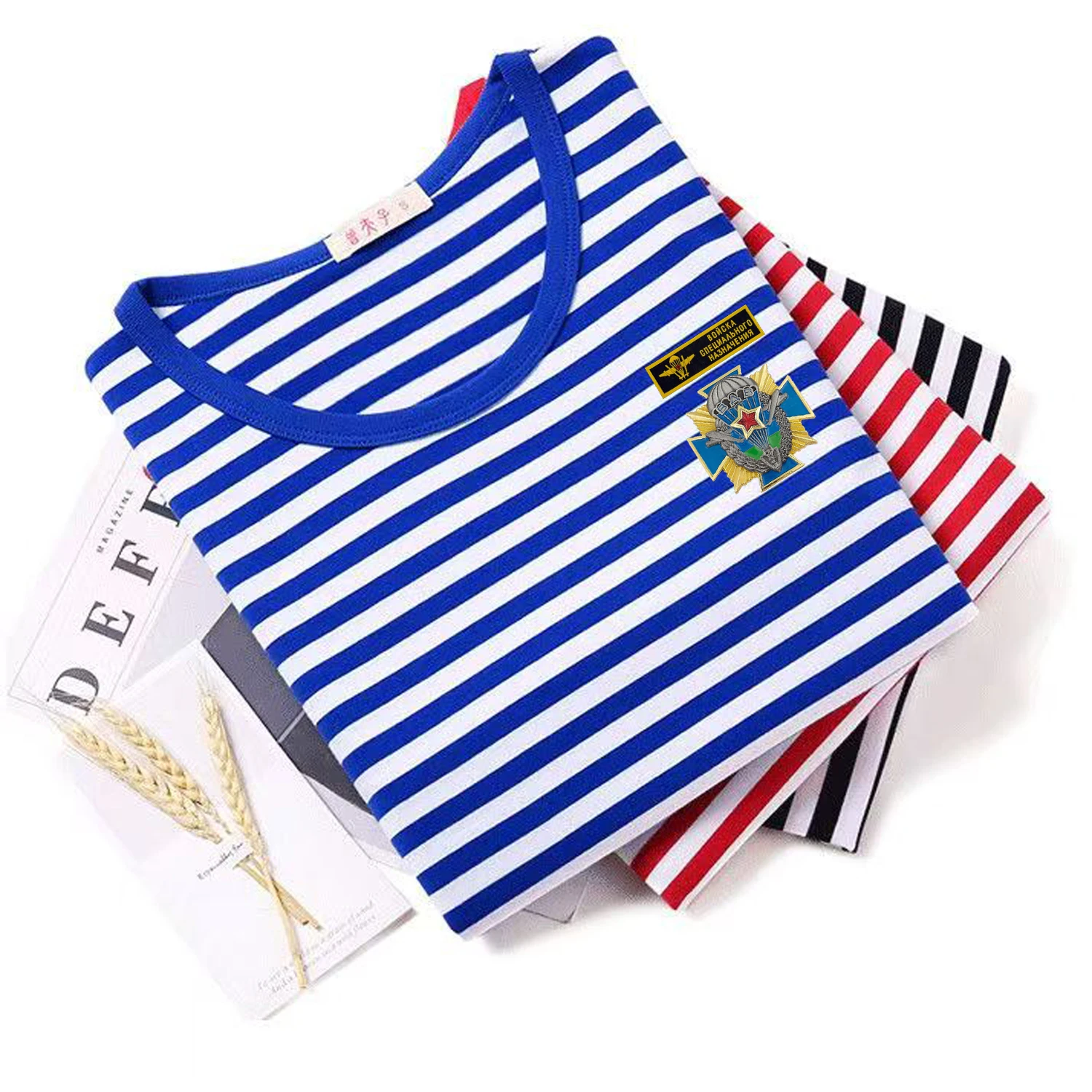 Russian Airborne Troops VDV Paratrooper Medal Stripes T-Shirt Polyester Cotton Long Sleeve Mens Sailor Striped Shirt Military