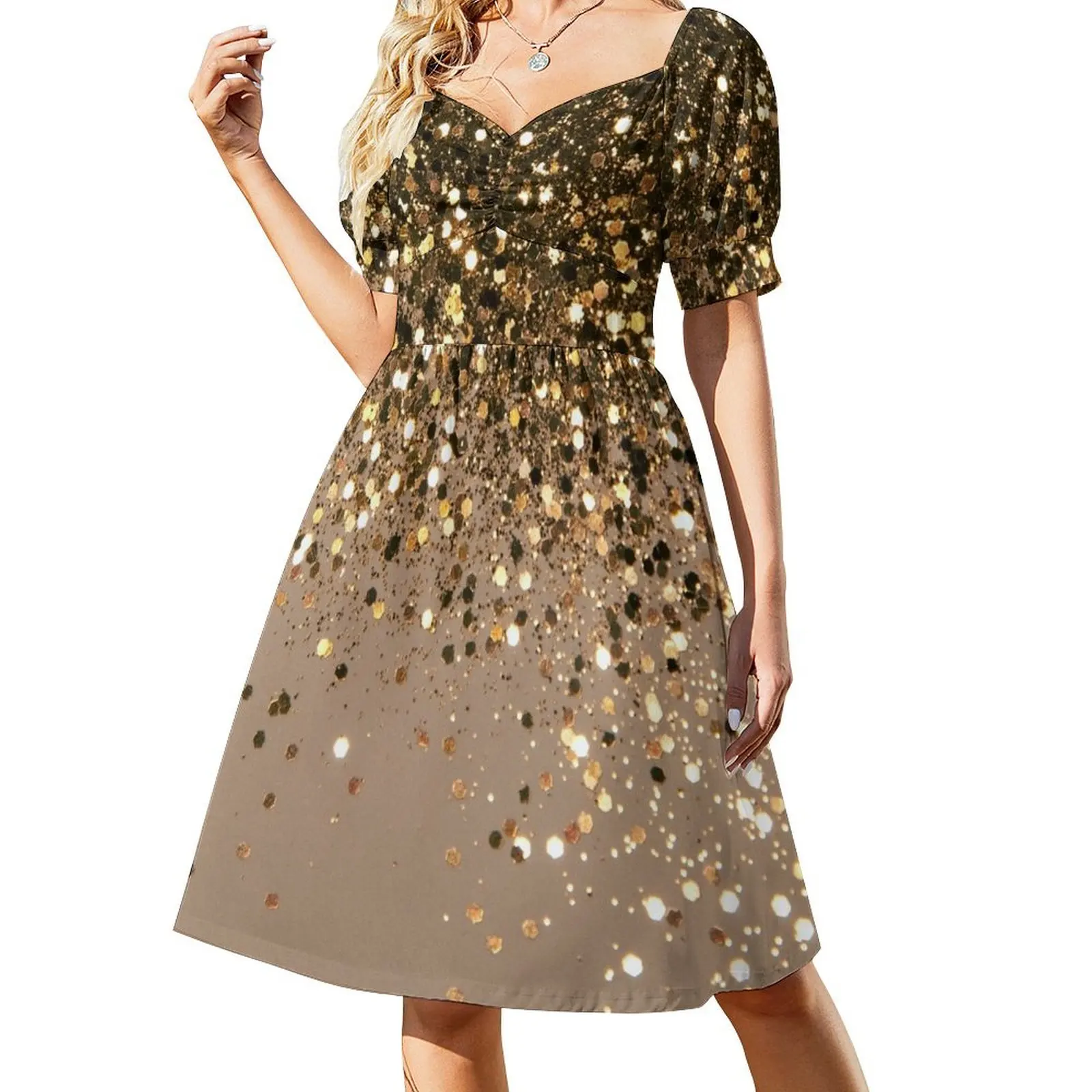 

Gold Brown Glam #1 (Photo of Glitter Only - Not Reflective) Short Sleeved Dress summer dress woman 2025 Long dress woman