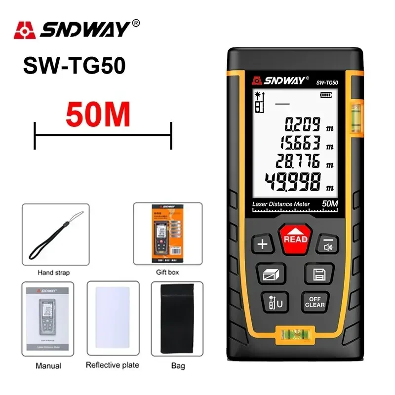 Sndway medidor de distância a laser 40m/50m/120m fita métrica digital telêmetro de precisão com distância/área/volume/auto-calibração