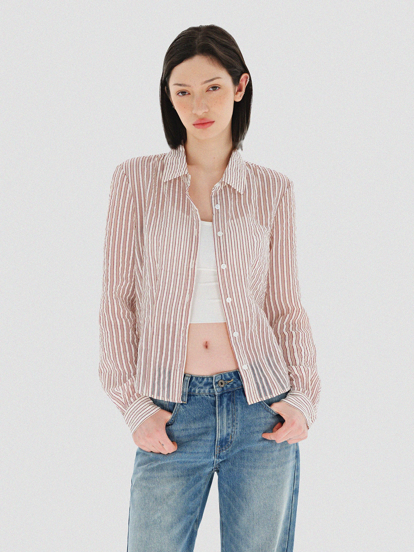 

Lightweight Casual Stripe Long Sve irt Women's Waist-Cinching irt Color Blo Translucent Office Commute Sle Co...