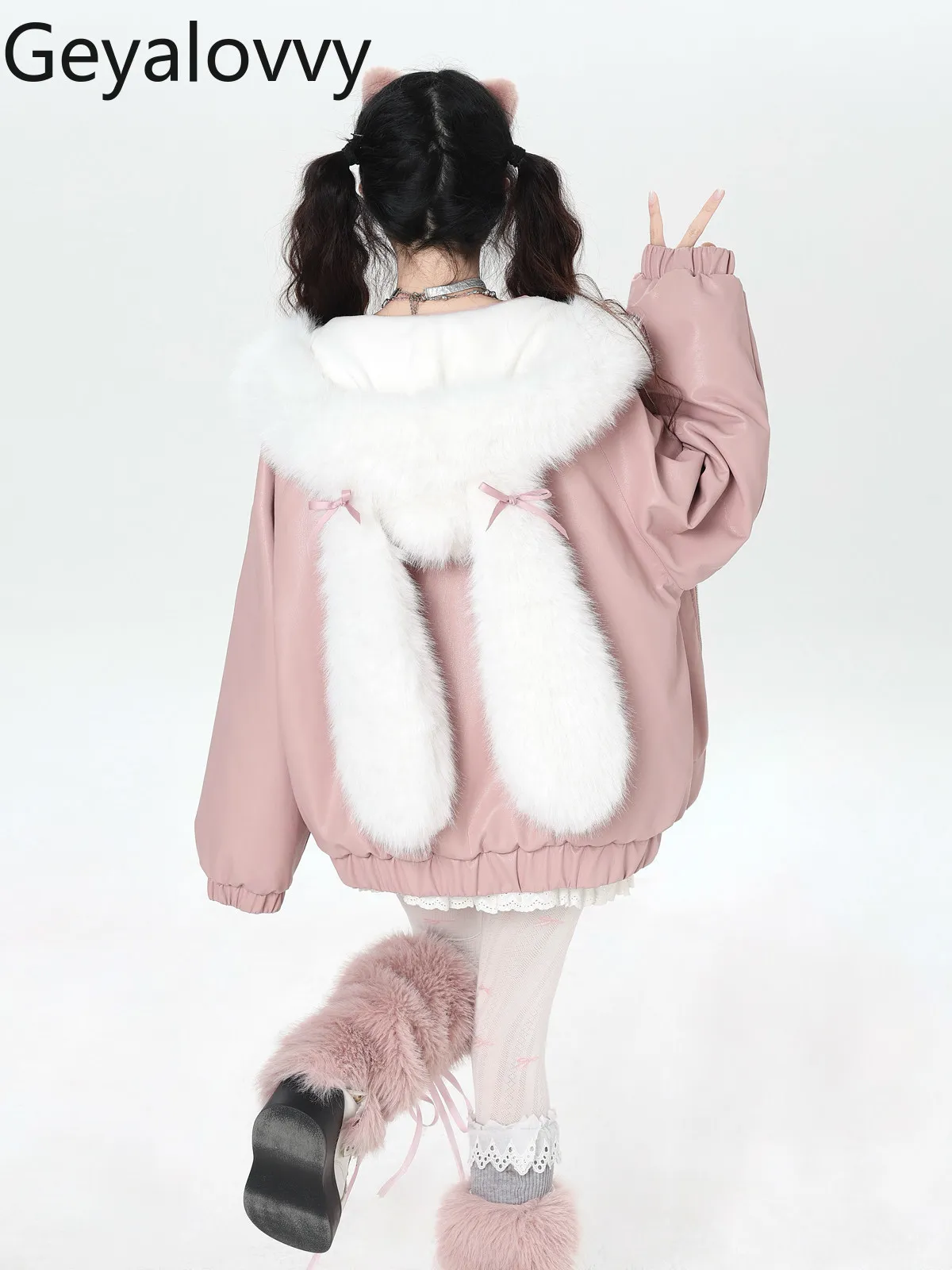 

Оригинальное тяжелое кожаное пальто с капюшоном и кроличьими ушками, универсальное осенне-зимнее новое милое стеганое пальто на молнии с длинными рукавами для девочек