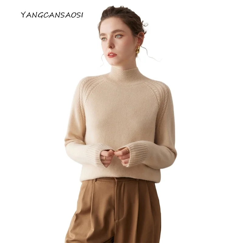

2025 Women's Autumn/Winter New 100% Cashmere Half High Collar Fried Dough Twists Raglan Sleeve Loose Versatile Knitted Sweater