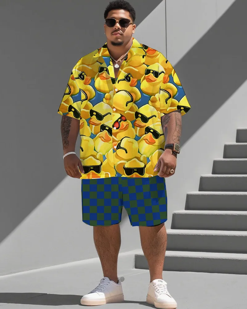 

S-9XL Men's Plus Size Cartoon Character Print Short Sleeve Shirt & Shorts 2-Piece Set Casual Loose Fit Summer