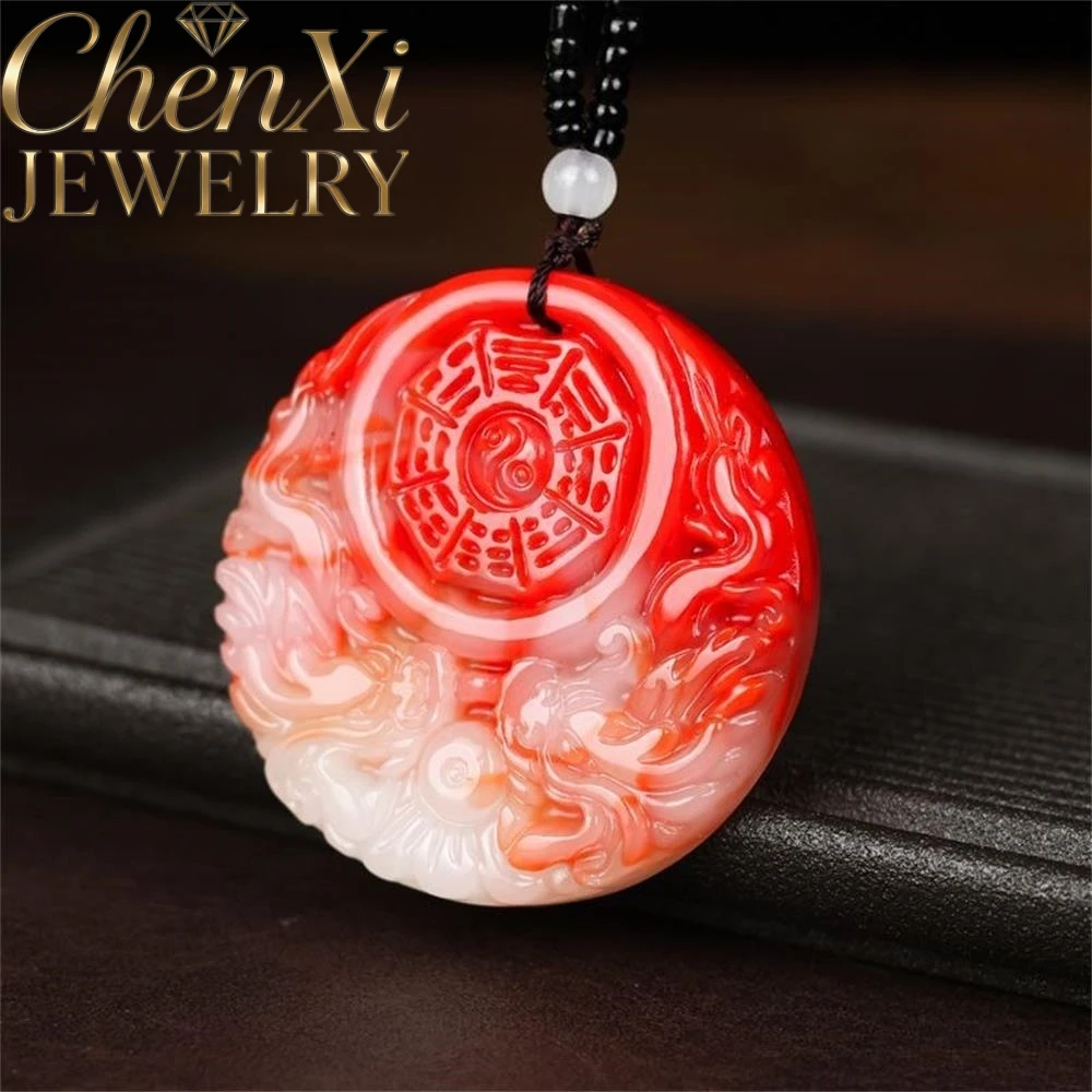 

Natural Hetian Blood Jade Dragon and Phoenix Eight-Square Pattern Pendant Necklace Amulets and Mascots Luxury Quality Jewelry