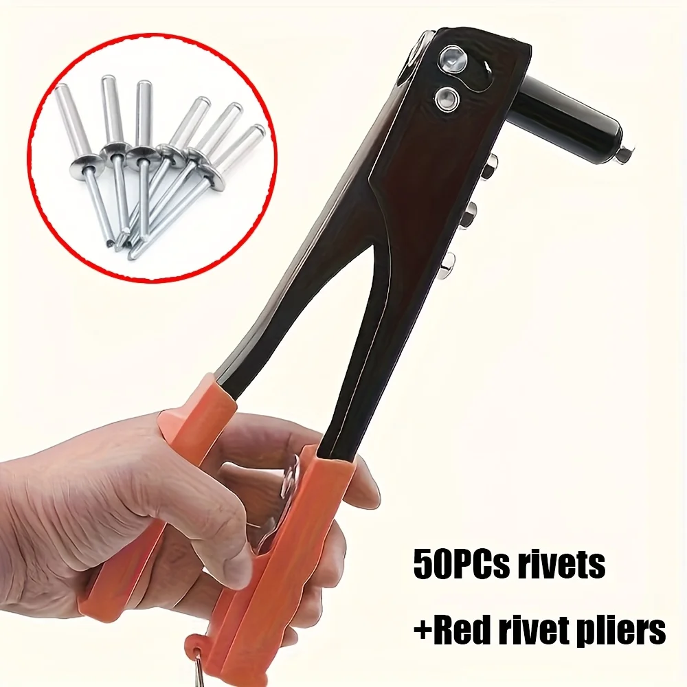 

50 pieces heavy-duty rivet gun kit includes a spring clip and 50 rivets, suitable for furniture assembly and automotive repair.