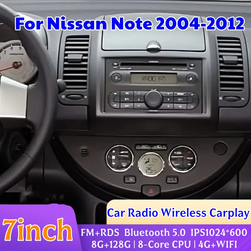 For Nissan Note 2004-2012 Car Radio 7" 4+64GB Wireless Carplay Android Auto Head Unit Steering Wheel Control Google Map