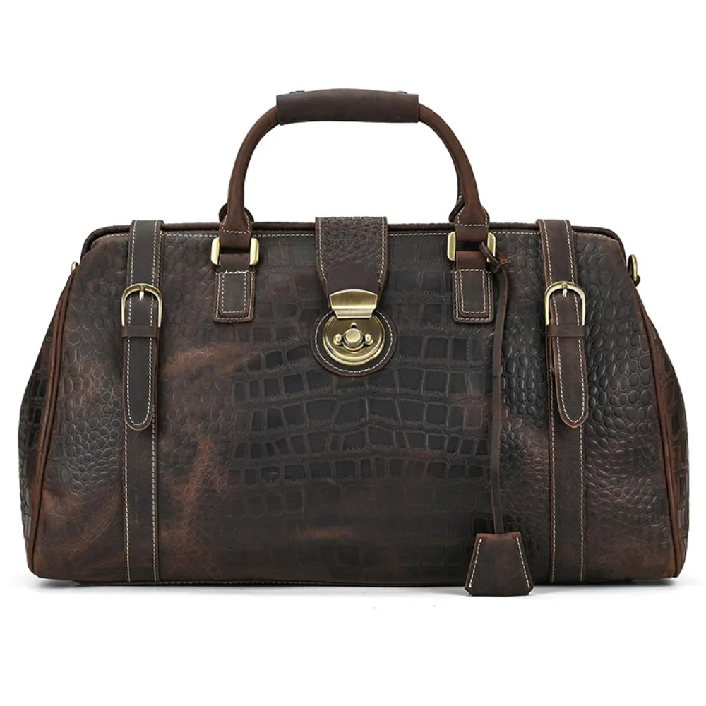 

Men's Genuine Leather Crocodile Pattern Travel Bag Large Capacity Handbag with Lock Outings Shoulder Crossbody Bag Versatile