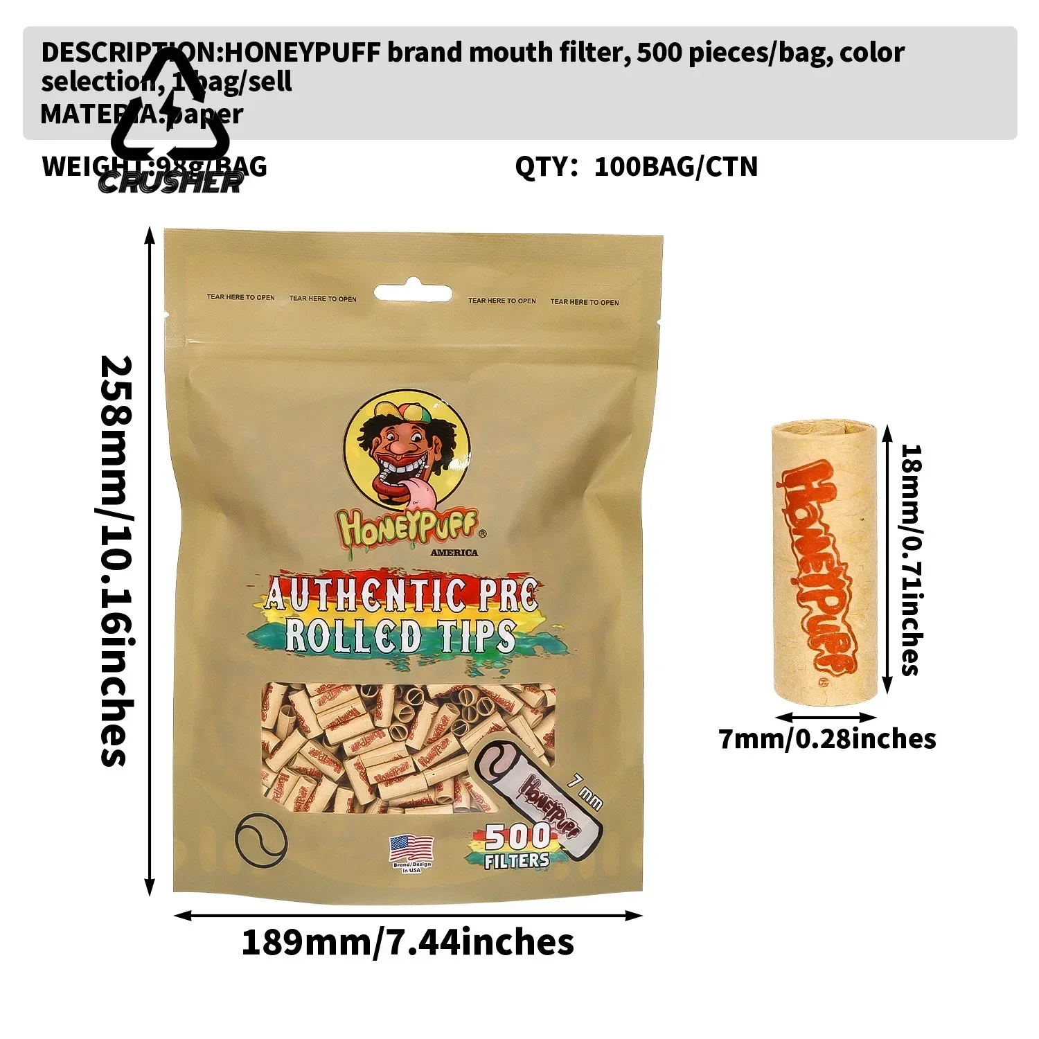 CRUSHER 500pcs/Pack 7mm*18mm Natural Uncoated Disposable Hand-Rolled Cigarette Filter Tip Smoking Accessories - view 2