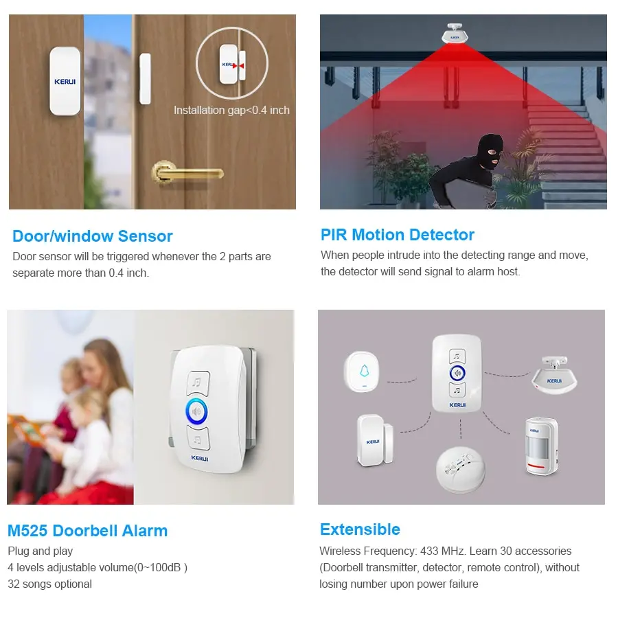 KERUI M525 Wireless DoorBell Burglar Alarm 32 Songs Optional 500ft Door Chime Home Security Welcome Smart Anti Theft Doorbell