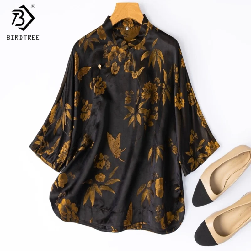 

Birdtree,35% Mulberry Silk Blouse,Women Stand Collar Shirt,Retro Print Black Pullover,Chinese-style,2025 Spring New T5D515JF