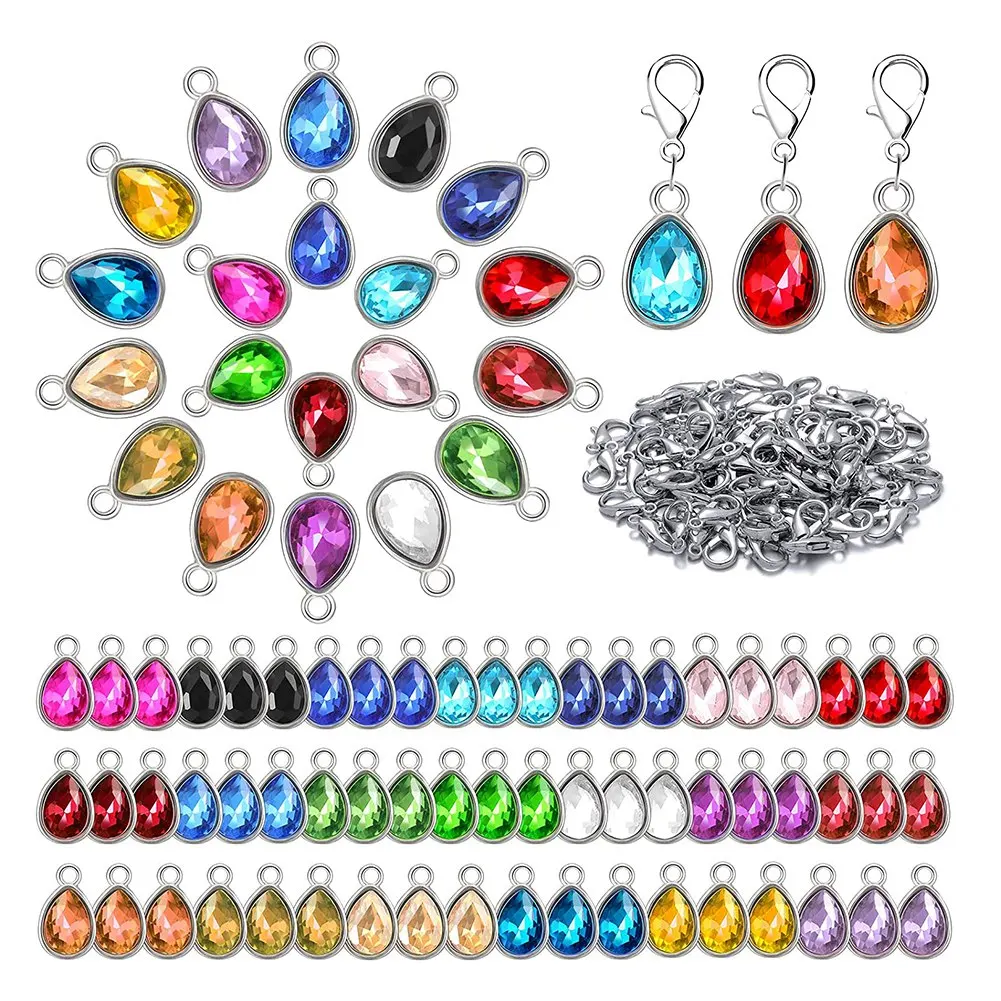 160Pcs Birthstone Charms Beads Pendants and Lobster Claw Clasp Set, Teardrop Beads Dangle for Jewelry Making Necklaces