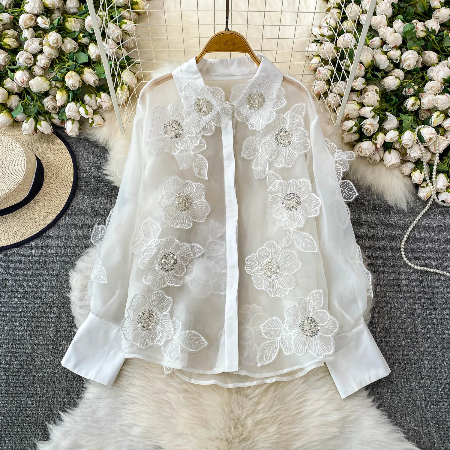 

SuperAen Sequined Three-dimensional Flower Lapel Collar Long-sleeved Shirt for Women Summer New Loose Chiffon Shirts