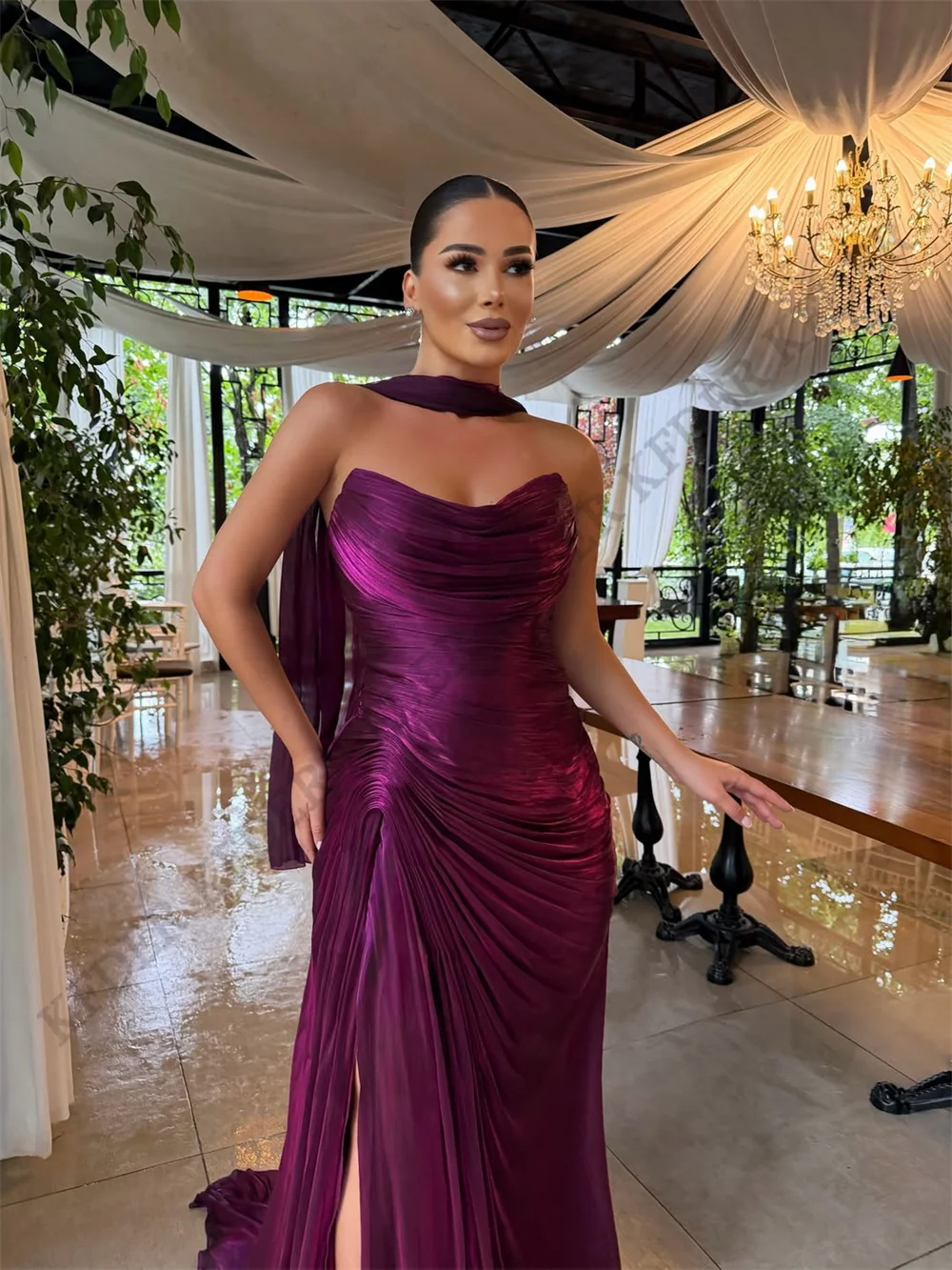 Dubai Woman Evening Dresses For Events Luxurious Shiny Chiffon Side Slit Special Occasion Prom Gowns Customized réveillon - view 2