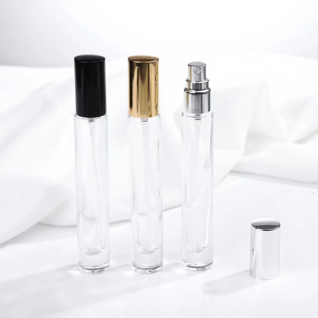 30pcs 10ml  Cylinder Style Transparent Thick Glass with Gold Sliver Black Cap  Perfume Bottles