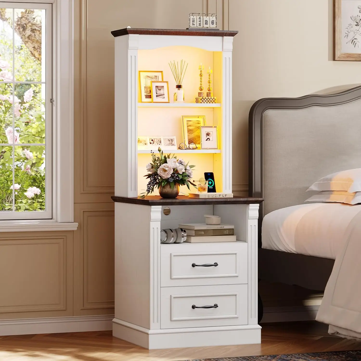 Nightstand with Charging Station & Open Shelf, 3-Tier Bedside Side Table with LED Light & USB Port for Bedroom Storage, White+Br