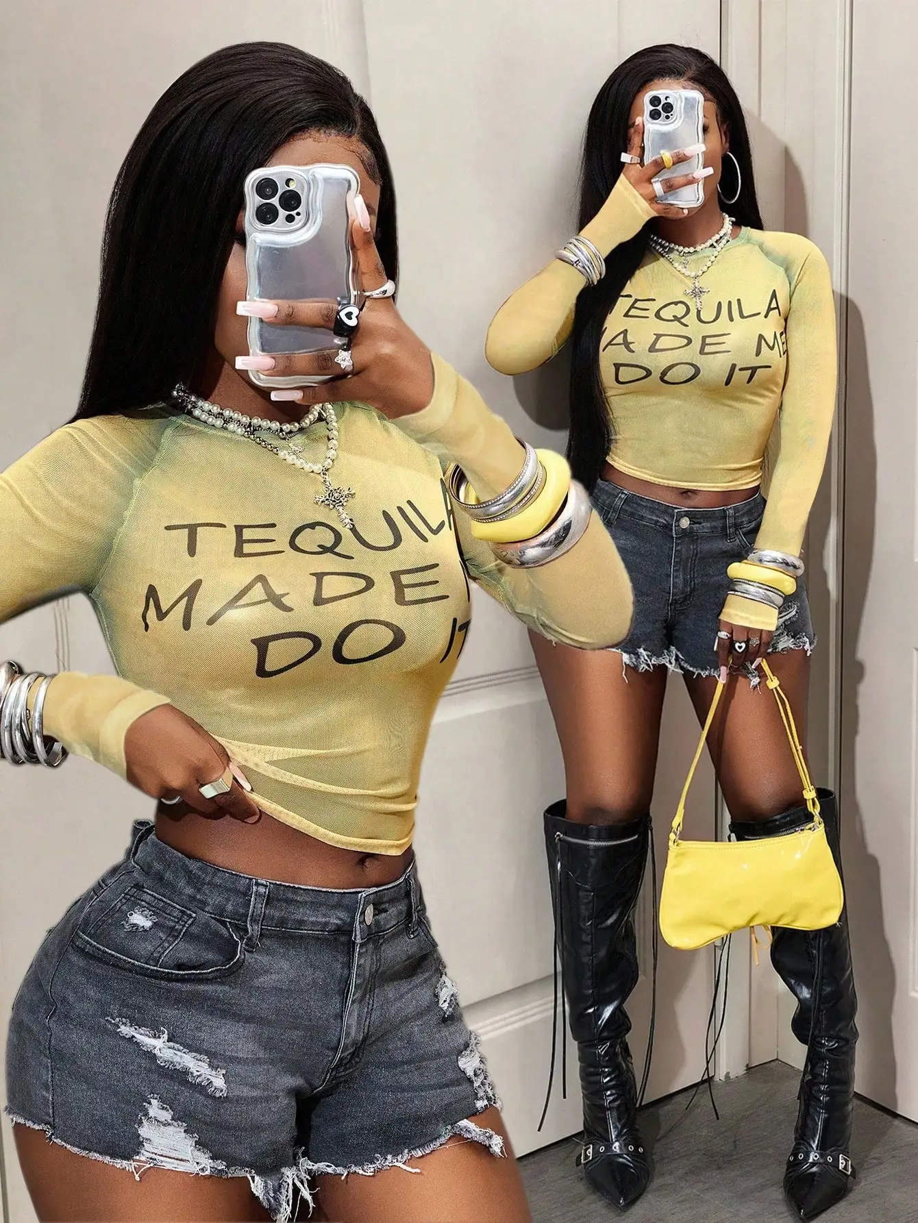 

Желтый прозрачный сетчатый укороченный топ с длинными рукавами и ярким буквенным принтом