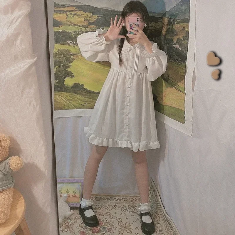 Robe Lolita à Manches sulfpour Femme et Fille, Tenue de Style Japonais, à Volants, Col Claudine, Princesse Preppy, Habillage de Carnaval