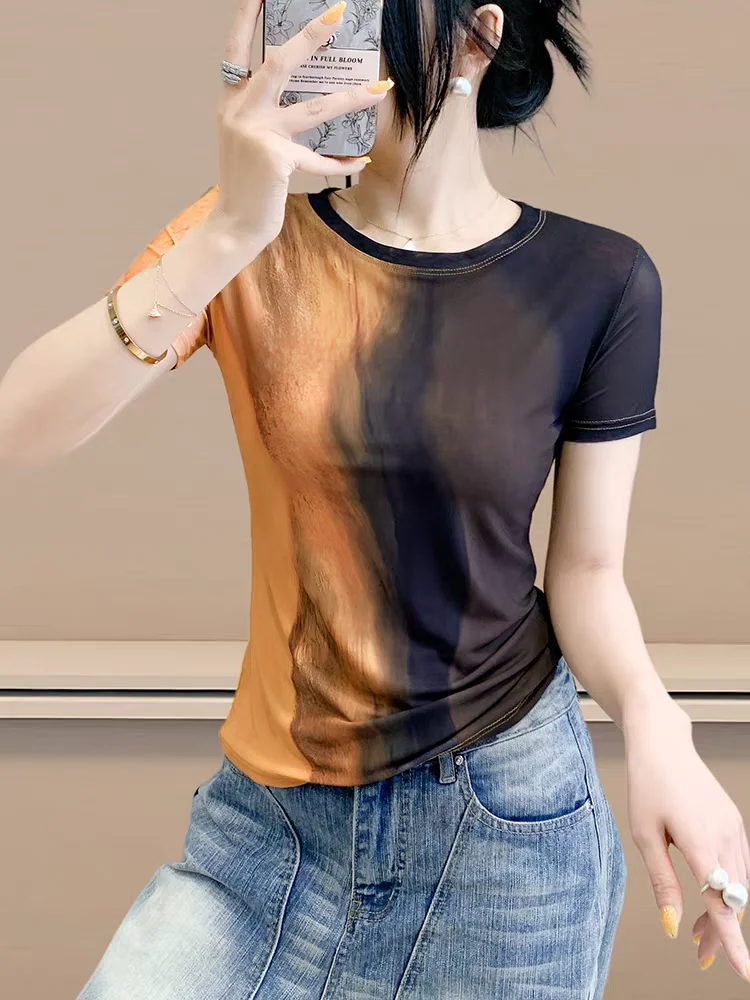 2025 Summer T-shirts Women's Sheer Mesh Floral Positioning Print Slim-Fit Round Neck Chic Top Female Basic Simple Tee
