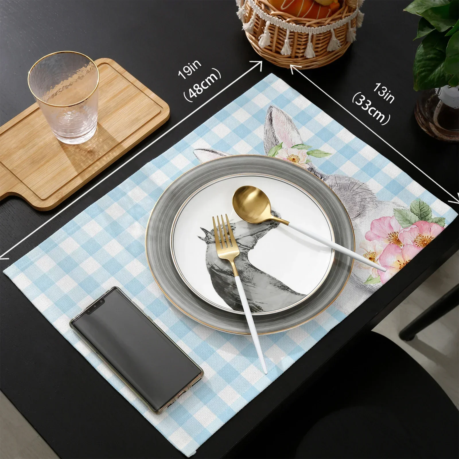 Easter Blue Plaid Rabbit Flower Table Mat Wedding Holiday Party Dining Table Placemat Kitchen Accessories Table Napkin Sink mat