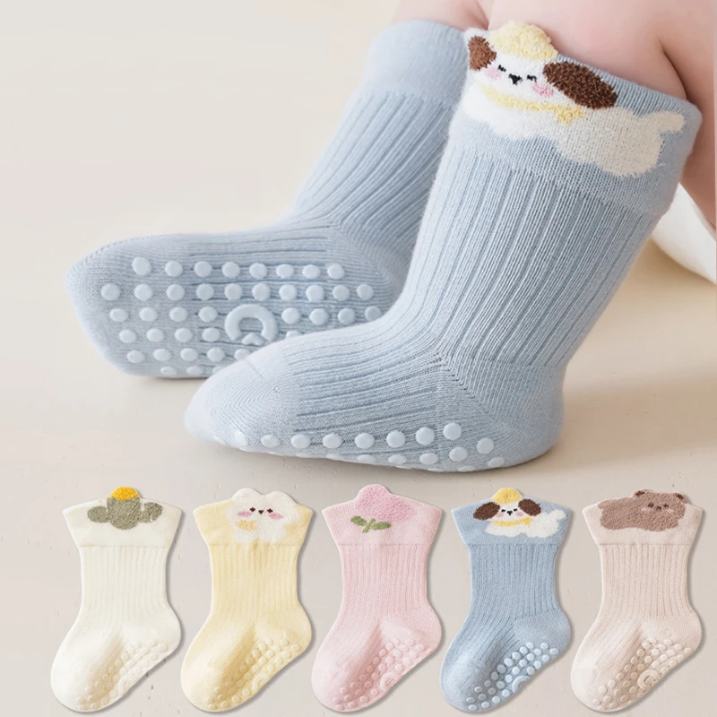 3/5 Pairs Non‑Slip Infant Floor Socks Soft Cartoon Baby Floor Socks Rubber Grips Socks For Baby Toddler Indoor Walking Use
