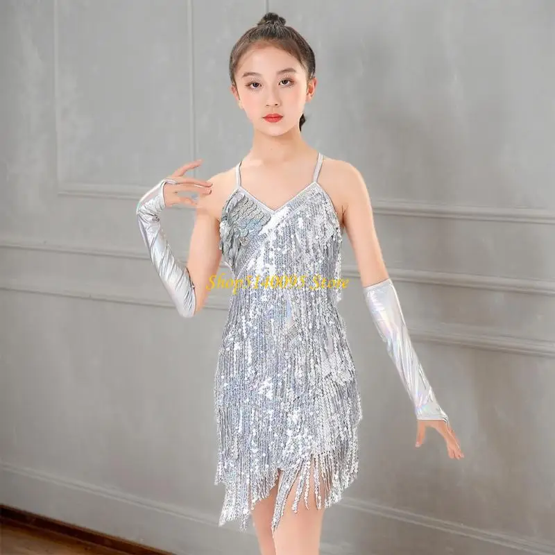 dxae 라틴 댄스 드레스 술 술 살사 댄스웨어 스팽글 프린지 드레스 현대 볼룸 차차 댄서 의상 아이