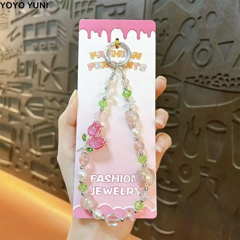 

Цветок тюльпана, хрустальная бусина, ремешок для телефона, цепочка на запястье, анти-потерянная цепочка для мобильного телефона, жемчужный сверкающий ремешок для мобильного телефона, подарок на Новый год