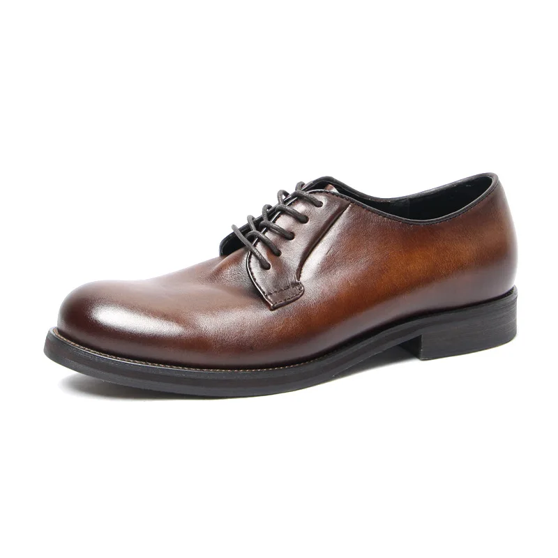 US6-10 Office Men's Soft Top Layer Cowhide Retro Round Toe Leather Shoes British Fashion Trend Businessman Suit Oxfords