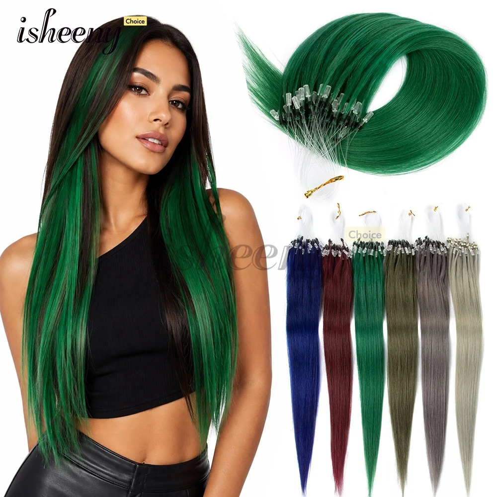 Colored Micro Loop Human Hair Extensions Blue Purple Pink Green Hair 50 Strands 30g/pack Micro Beads Hair Extensions for Women
