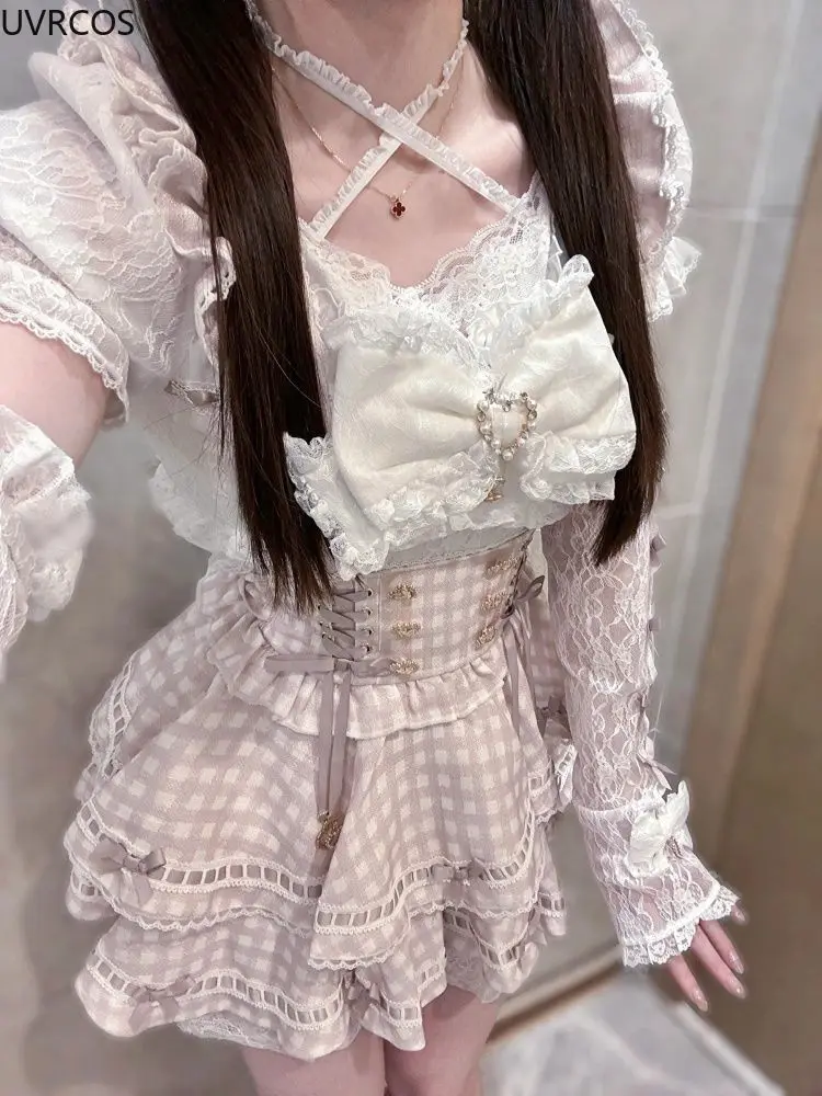 Japanese Gothic Lolita Style Rhinestone Bow Dress Shorts Set Women Elegant Sweet Slim Plaid Strap Dress Kawaii Cute Y2k Outfits