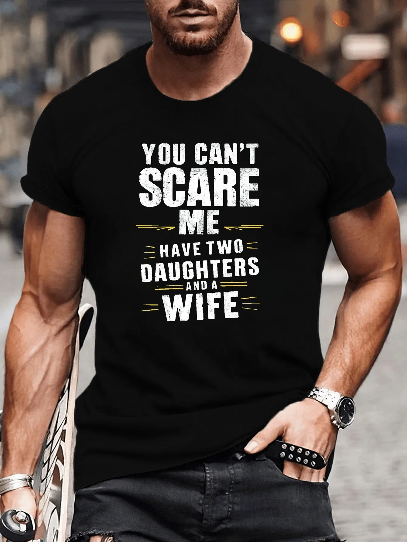 

Plus Size Men's Summer T-Shirt, Daughters, You Can't Scare Me, Patterned Printed Short Sleeve T-Shirt Trend Casual Top
