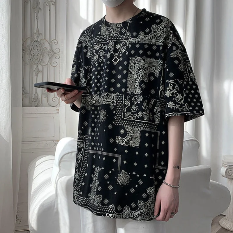 2023 Summer Loose Oversized Men\'s Clothing Trend Handsome Korean Version Fashion Printed Short Sleeve Round Neck Casual T-shirt