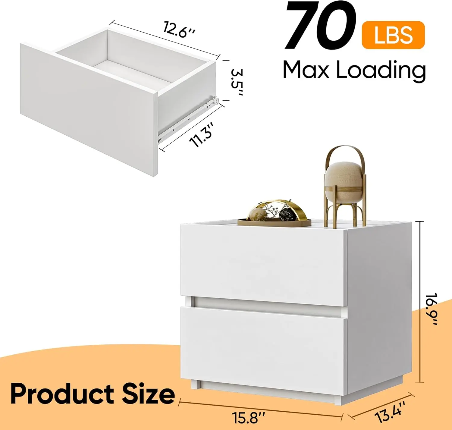 مجموعة من 2، خزانة صغيرة للخزانة، طاولة جانبية للأريكة مع أدراج للمساحات الصغيرة، طاولات خشبية بجانب السرير، تخزين حديث باللون الأبيض