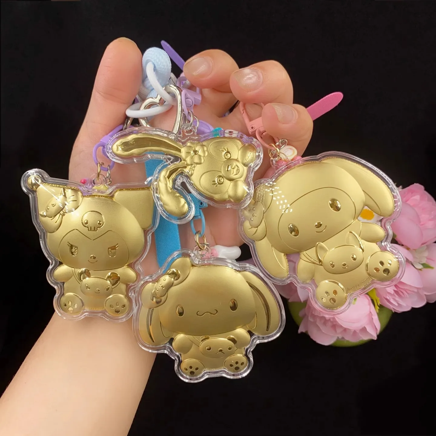 

New Hello Kitty Kuromi Sanrio Melody Cinnamon Dog Gold Keychain Bag Pendant Anime Kawaii Girls Bag Decor Keyring Toy Gifts