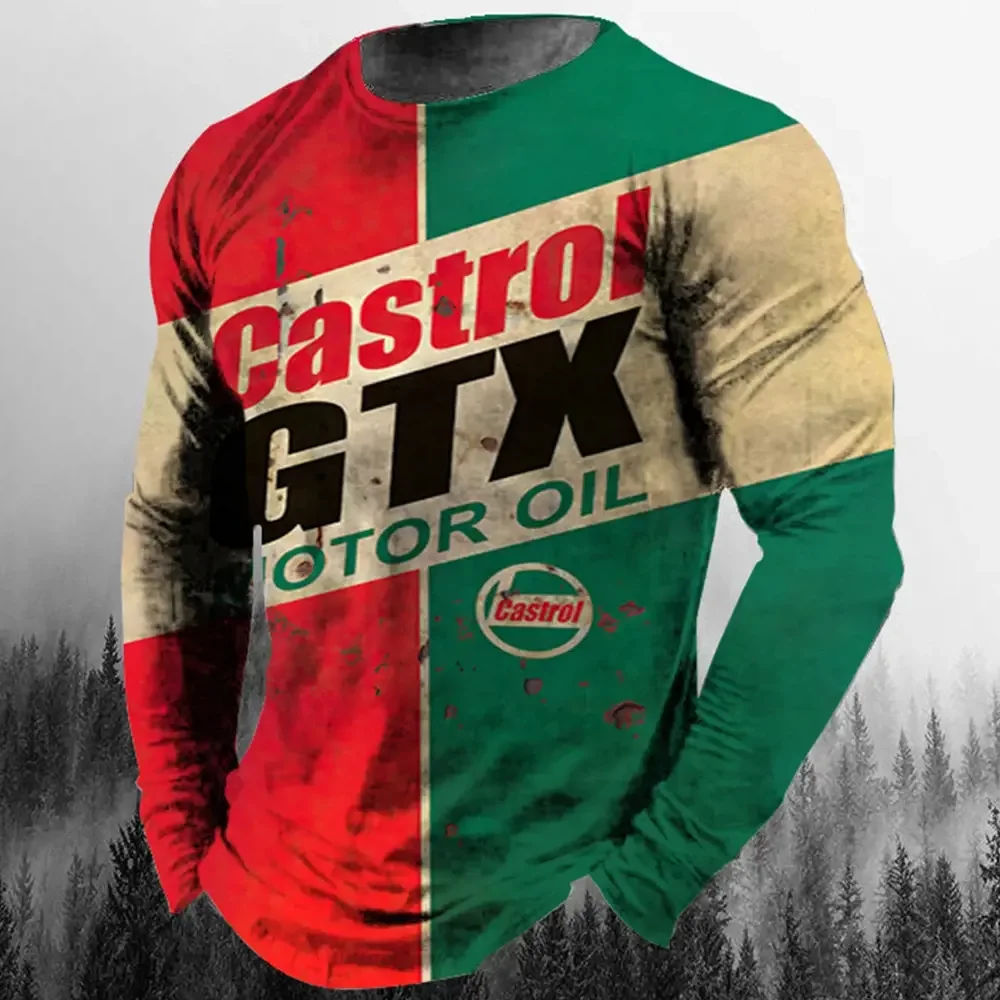 

Vintage Men's Long-Sleeved T-Shirt With Castrol Oil Graphic 3d Print Quick-Drying Oversized, Loose Fit For Comfort