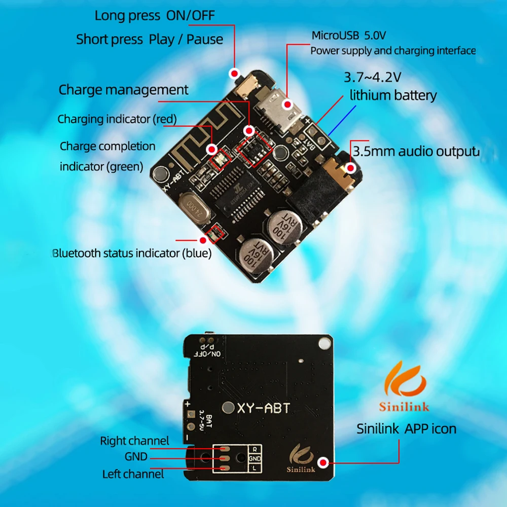 3.7-4.2V Micro USB 5V DIY Bluetooth 5.0 Audio Receiver Module MP3 Bluetooth Decoder Board APP Control