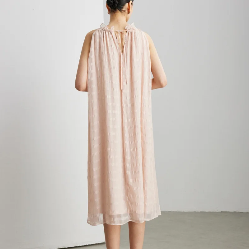 Birdtree, 100% vestido sólido de seda amoreira, camada dupla, vestido feminino solto elegante sem mangas plissado, verão 2025 novo d5d018jf