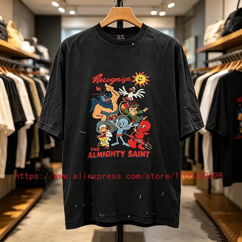 Summer New SAINT Men's T-Shirt Retro Devil Monster Elf Cartoon Graphic Black Oversized Casual Tee Top