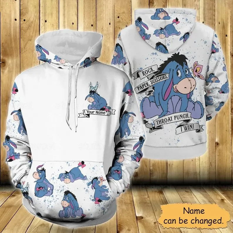 Eeyore Winnie the Pooh Unisex Cartoon Graphic Hoodie, 3D Zipper Hoodie, Nome personalizado, Moda, Retro