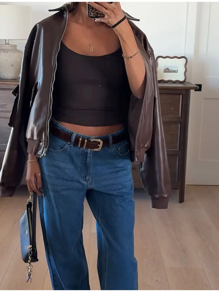 カジュアルブラウンラペルレザージャケット レディースファッション 長袖ジッパー バケットルーズショートジャケット 2025 レディース ハイストリートアウター 新作