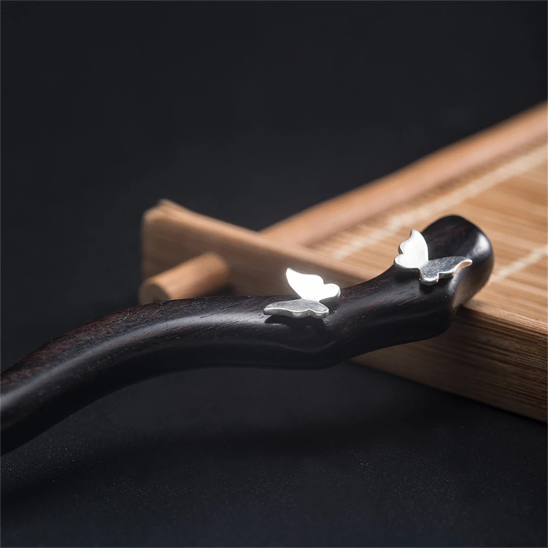 New 100% S925 Pure Silver Women\'s Men Retro Hairpin Ebony Wood Literary Butterfly Chinese style Hanfu Hair Accessories Jewelry