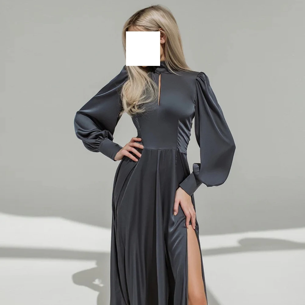 

Classic Straight Black Tea Length High Collar Chiffon Long Sleeves Evening Dress Sexy Pleats Saudi Arabia Special Occasion Gowns