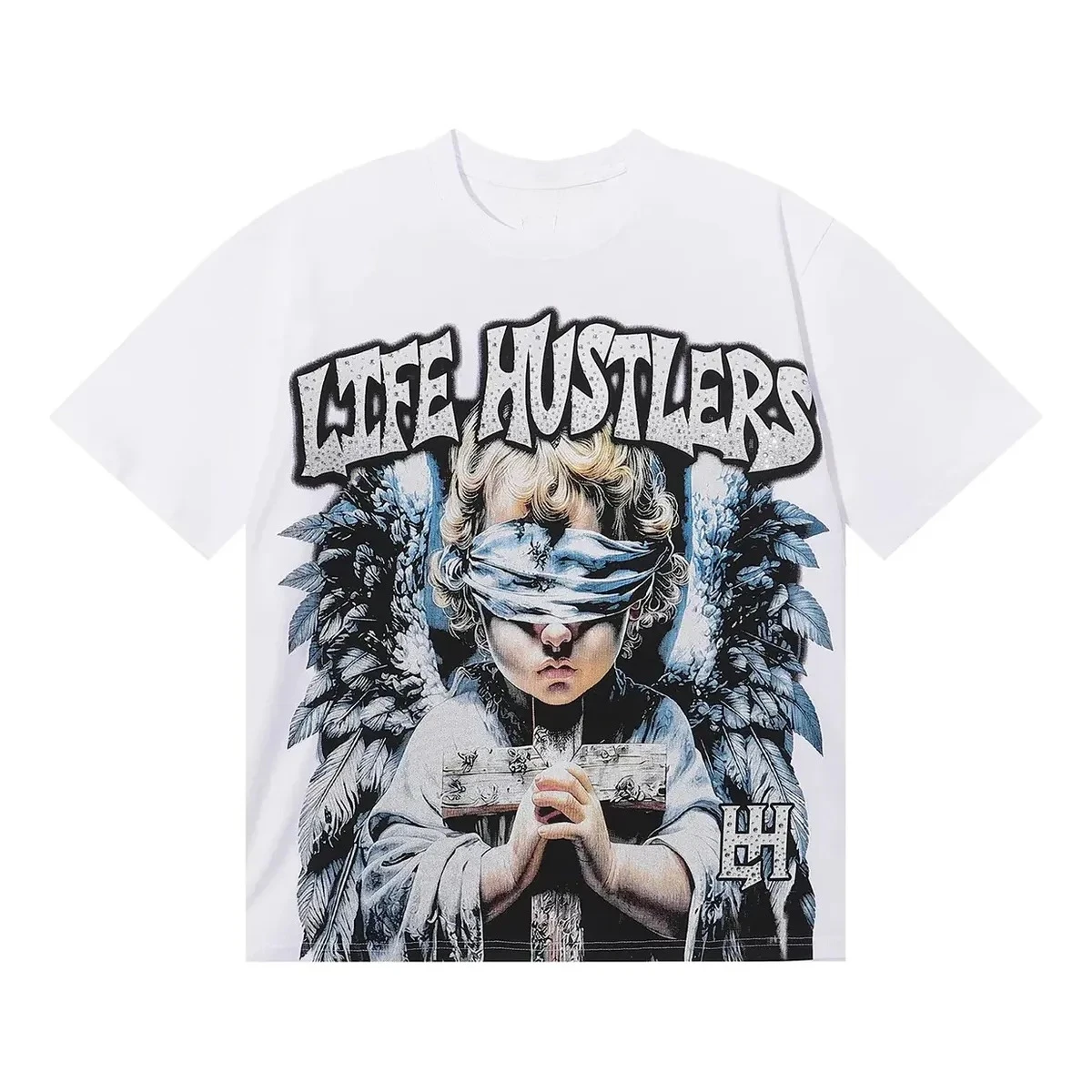2026 Vintage Blindfold Angel Cross Graphic T-shirt Unisex Chest Bling Glitter Script Wing Portrait Cotton Street Oversized Tee