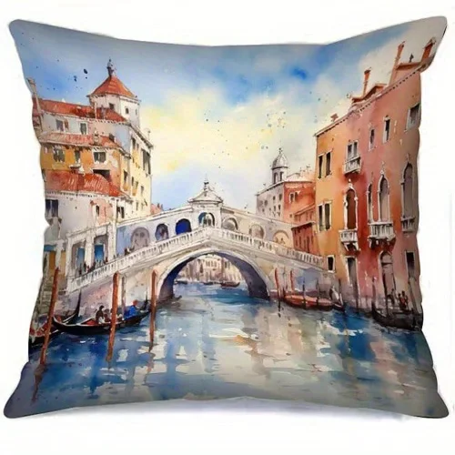 Home Decor Venice Canal Watercolor Boat Pillow Covers Pattern Cushion Cover Suitable for Sofa Bedroom Car Pillow Cover