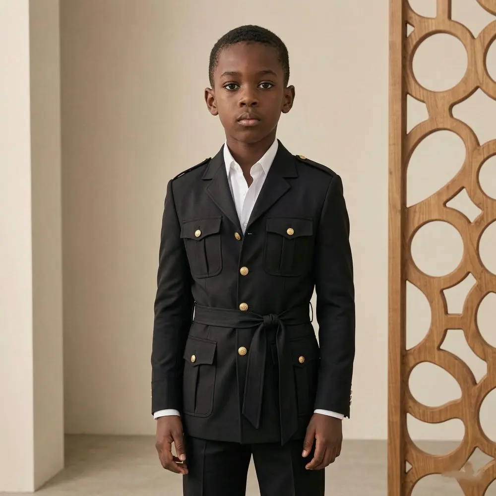 Linen Safari Boy Suits for Outdoor 2 Pieces Wedding Kid Suit with Gold Buttons Draped Tie Belt for Ceremonies Birthday Parties