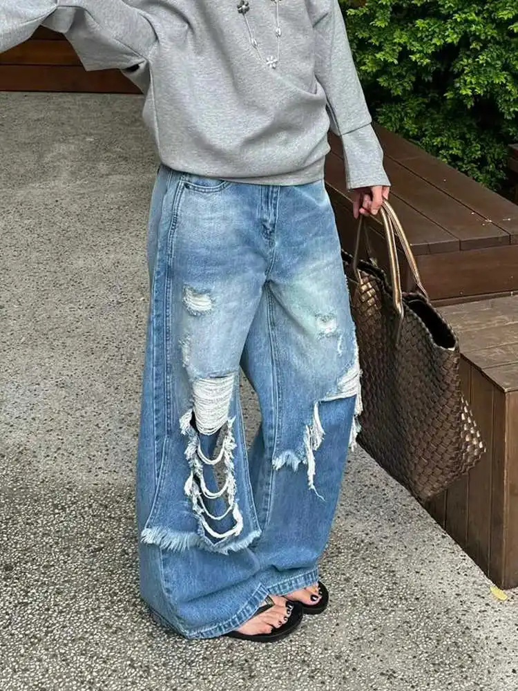 

Summer Women's Jean Baggy Wide Fit Ripped Denim Pants Grunge Punk Y2K Hole Japanese Harajuku 2000s American Retro Boyfriend Tide