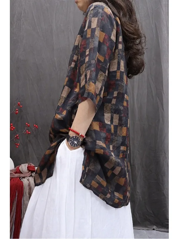 Retro Flax irt V-ne Mid-length Sve Printed Top for Women Summer 2025 Loose Fit Thin Material Commute Sle