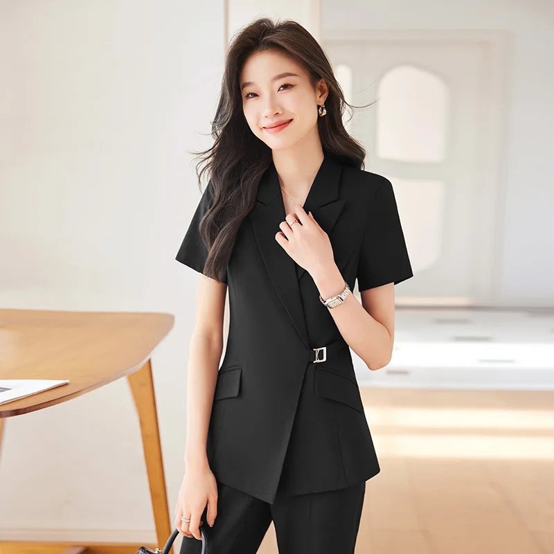 Gray Suit Women2024New Summer High-End Goddess Temperament Short-Sleeved Workwear Small Suit Front Stage Work Wear Clothes