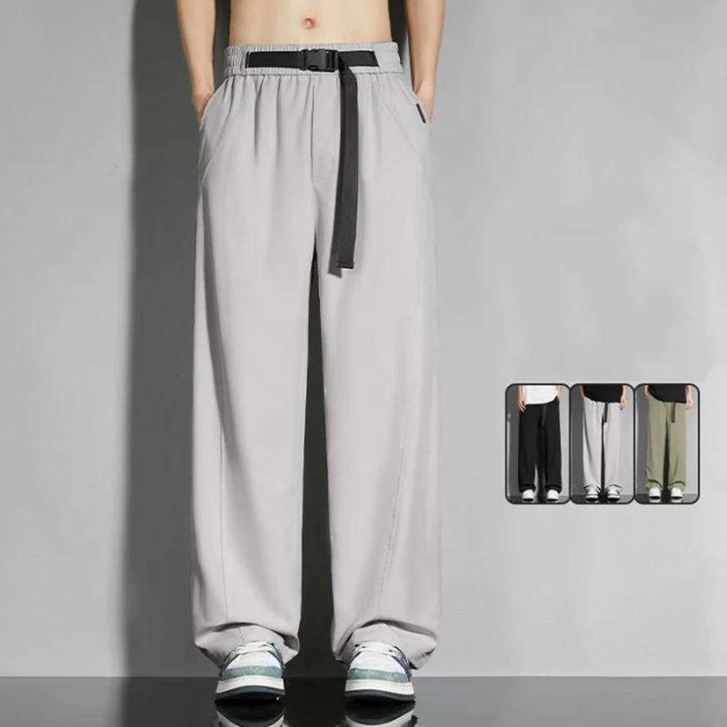 

2026 Summer Men Ice Silk Wide Leg Pants Simplicity Loose Straight Leg Elastic Waist Trousers Male Quick Dry Casual Sweatpants